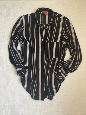 GUESS Black Button-Down Shirt with Ivory Stripes